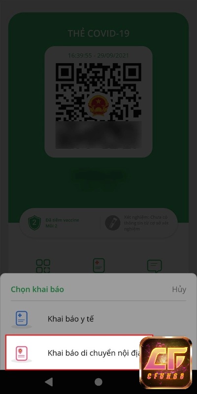 Nhấn chọn mục khai báo di chuyển nội địa