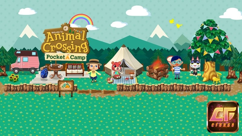 Khu cắm trại đầy màu sắc trong Animal Crossing: Pocket Camp với các nhân vật dễ thương
